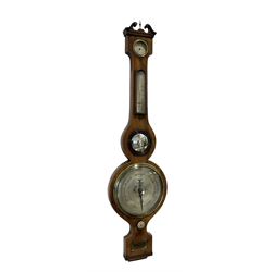 Mid 19th century mercury barometer - in a walnut case with a swan neck pediment, hygrometer, mercury thermometer, butlers mirror and spirit level, 8