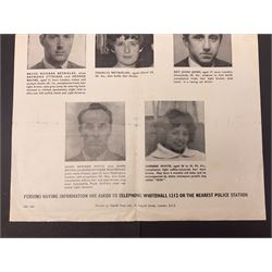Great Train Robbery; Metropolitan Police printed poster, 'The Assistance of the public is sought to trace the whereabouts of the after described persons .....', printed by Wavell Press Ltd, 1963
Provenance by vendor repute: The poster was given to the vendor in 1985 by a colleague who was previously a detective sergeant of the Metropolitan Police, who had as a junior officer and worked on the case  of the Great Train Robbery. The hand written dates they were written on the poster when they were arrested   