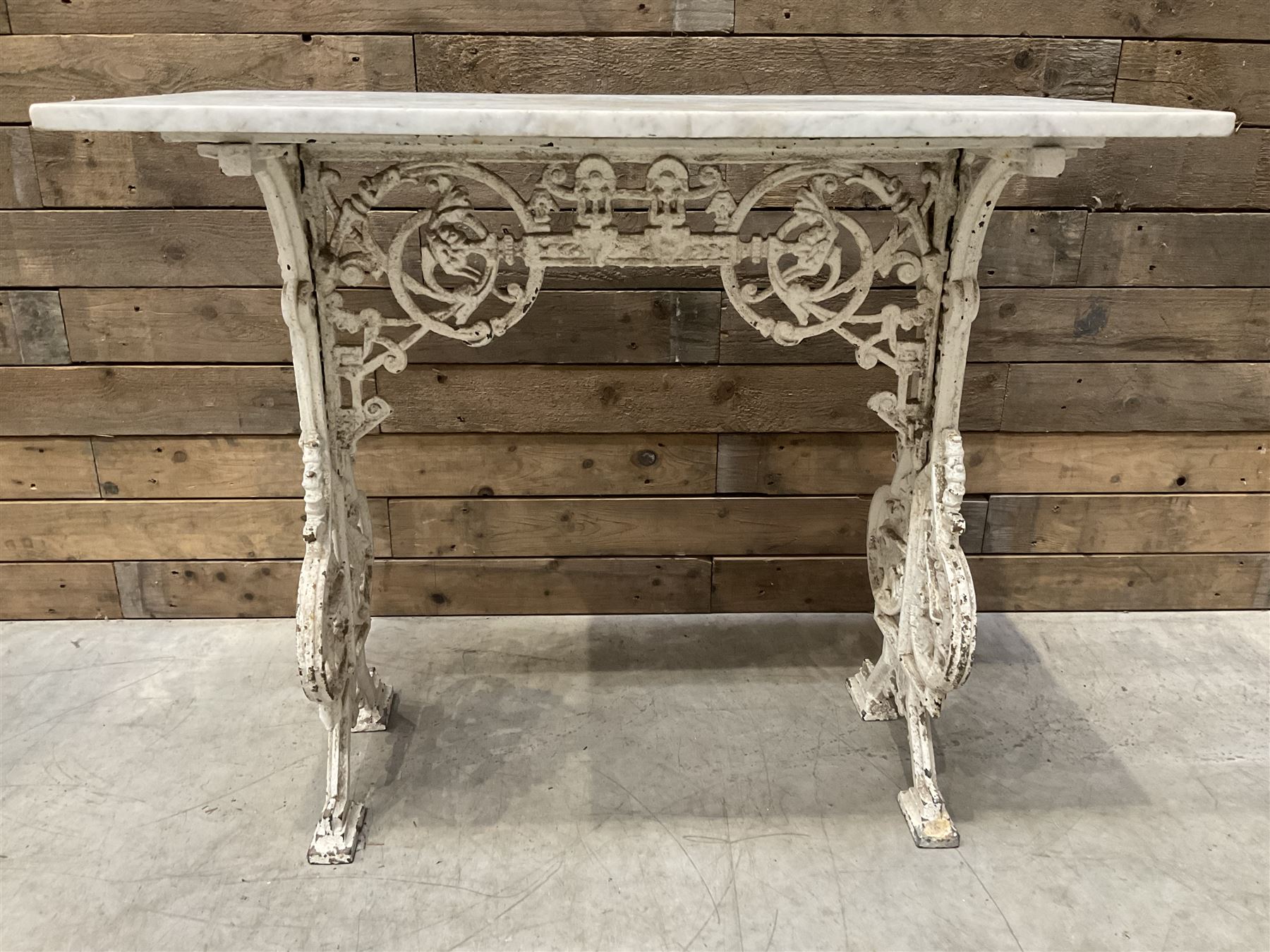 19th century Coalbrookdale design cast iron garden table, with rectangular marble top