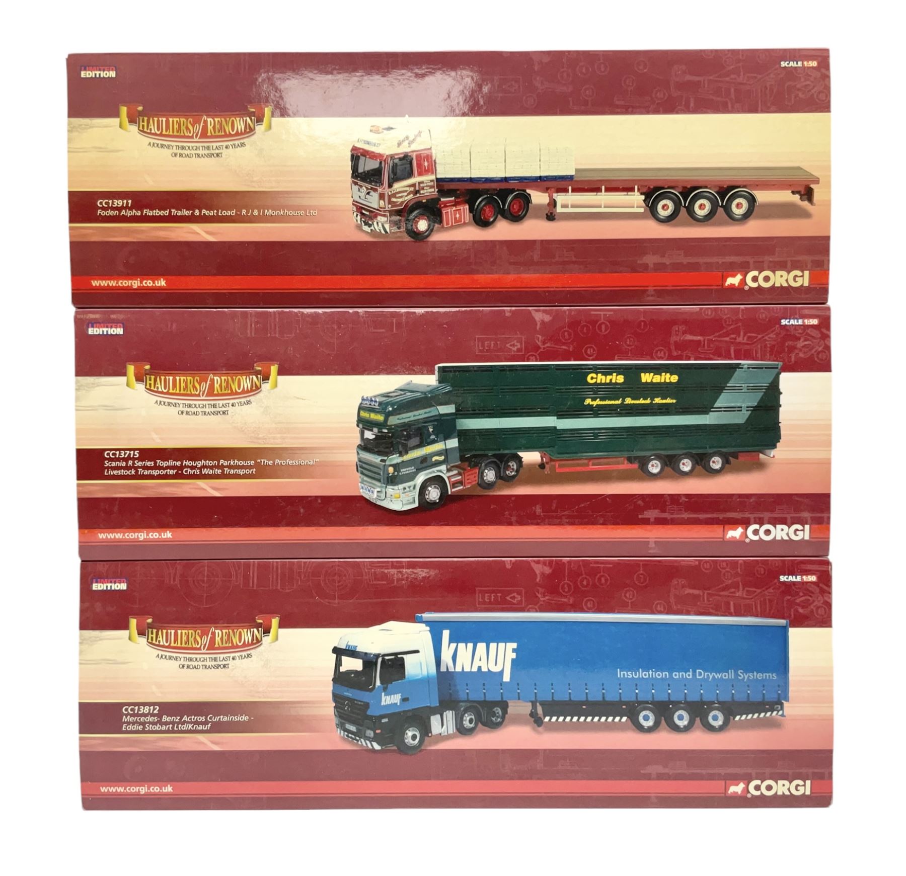 Corgi - three limited edition Hauliers of Renown lorries; CC13715 Scania R Series Topline Houghton Parkhouse 'The Professional' Livestock Transporter Chris Waite Transport; CC13812 Mercedes-Benz Actros Curtainside Eddie Stobart Ltd/Knauf; and CC13911 Foden Alpha Flatbed Trailer & Peat load R.J. & I. Monkhouse Ltd; all boxed with slipcases (3)