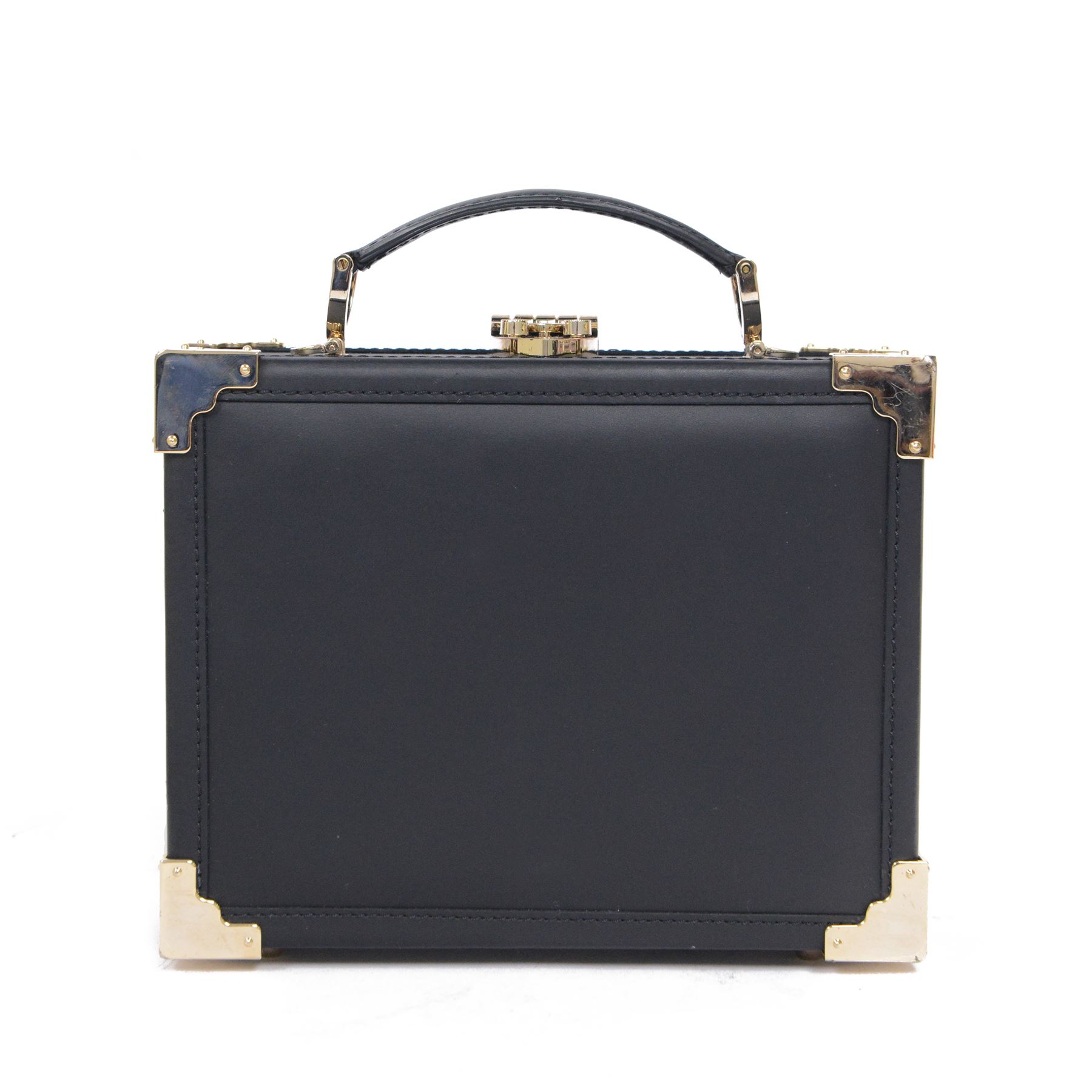 Aspinal of London black leather structured top-handle handbag with gold-tone metal mounts and corner protectors, the hinged lid opening to a fabric-lined interior fitted with a zip pocket and slip compartment, leather brand label stamped Aspinal of London England, fitted with a detachable adjustable leather shoulder strap, accompanied by an Aspinal of London dust bag and presentation box, W19cm D8cm H16cm