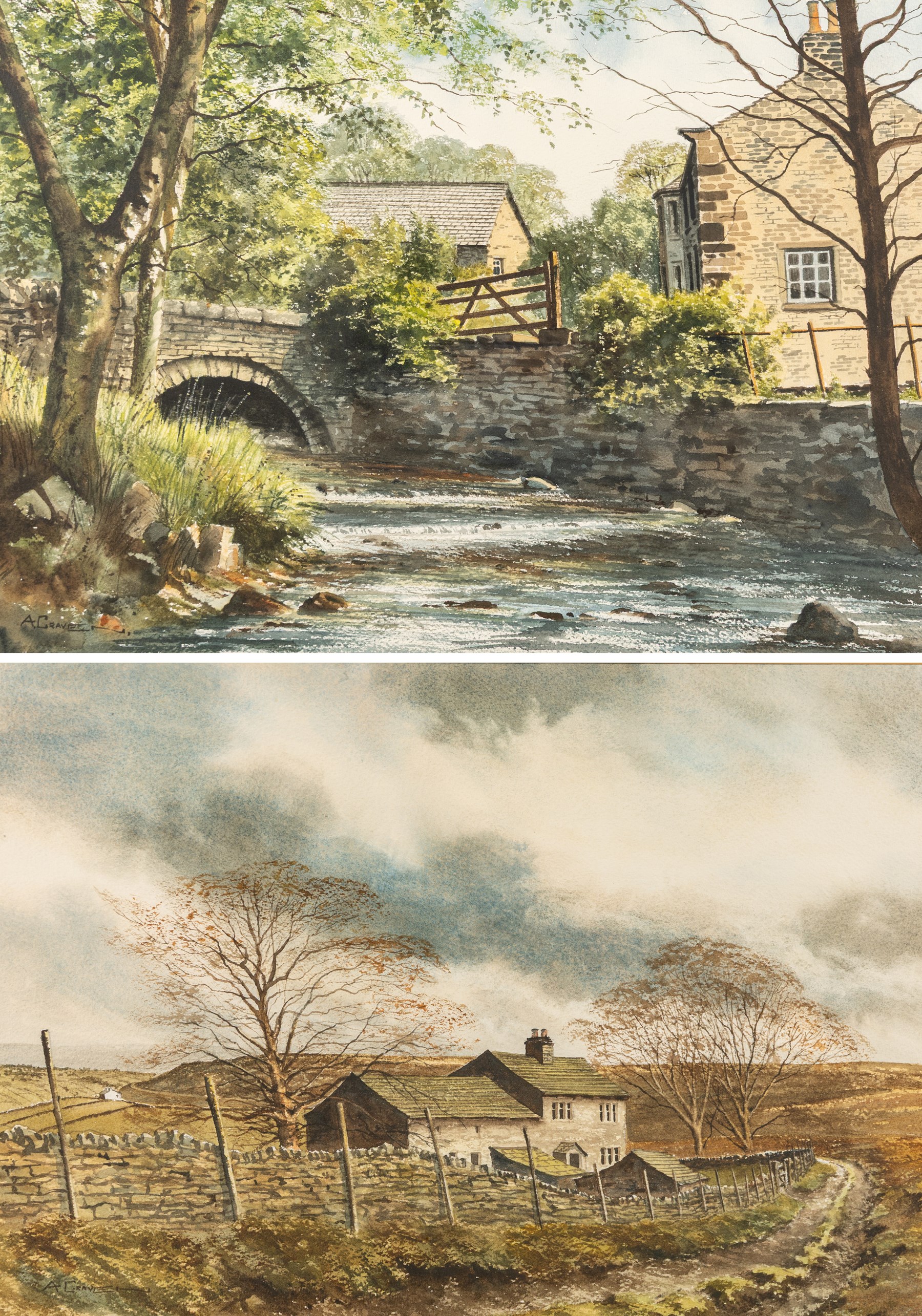 Arthur Craven (British 1934-2013): 'Bubbling Waters at Wycoller Farm' - Lancashire and 'Springs Farm - Enfield Side' - West Yorkshire, two watercolours signed, titled on label verso max 33.5cm x 47.5cm (2)