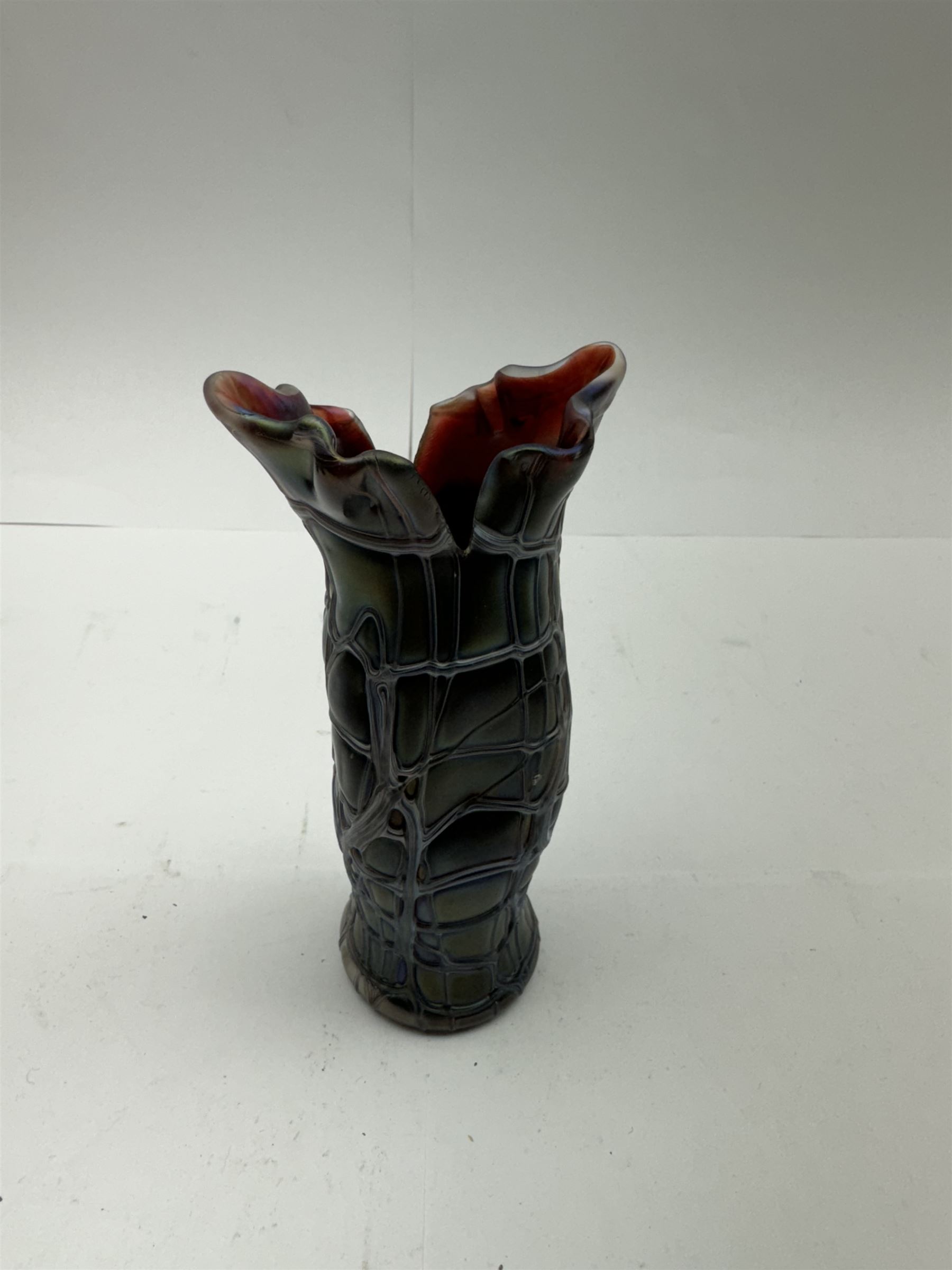 Five Austrian Art Nouveau glass vases, to include Pallme-Konig example with split fluted rim, two similar Kralik examples with threaded vein decoration and two others, tallest H21.5cm