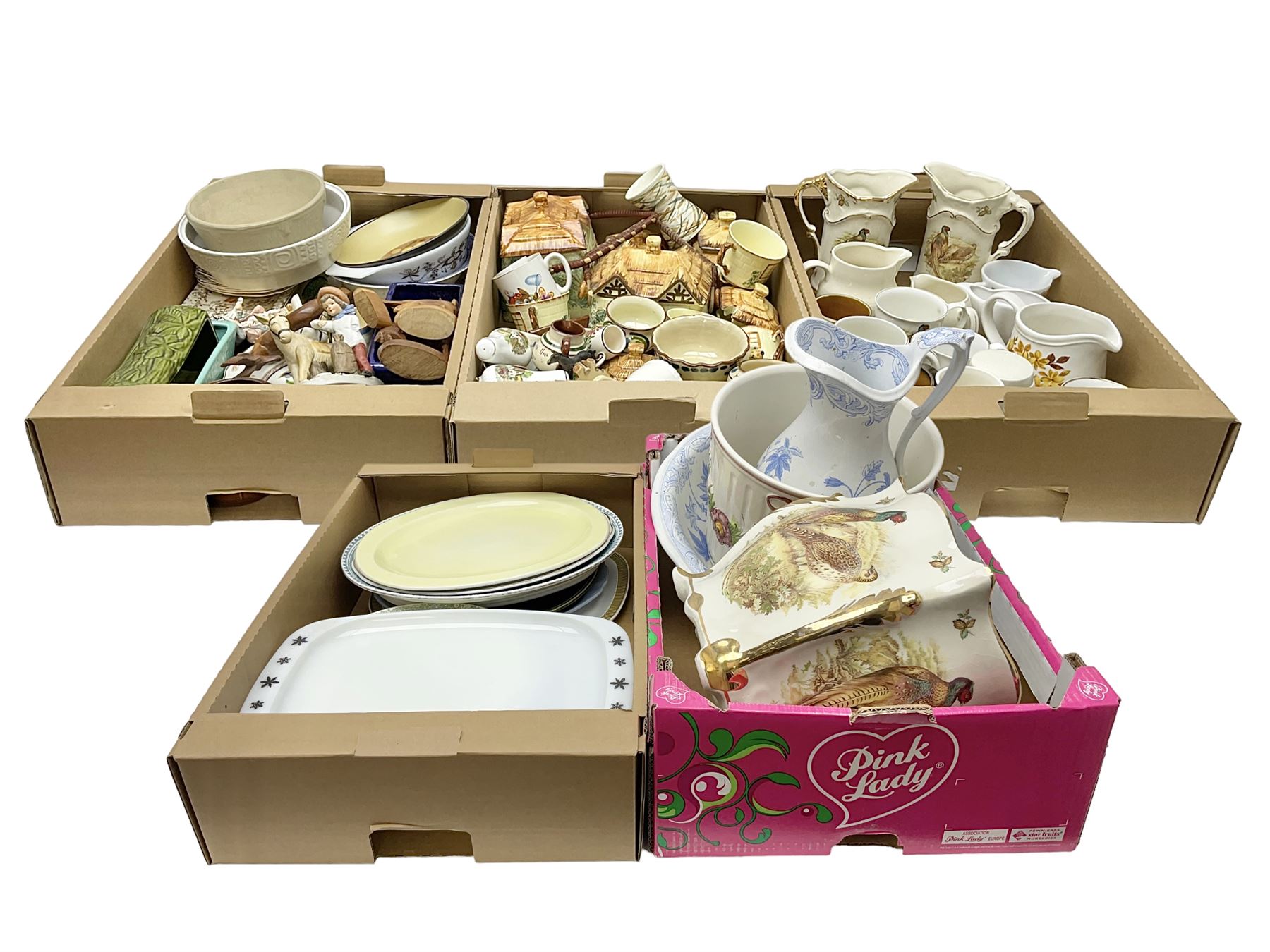 Two Poole Pottery dinner plates and a meat plate, four Copeland Spode Bermuda pattern dinner plates, Sadler jug, Keele St Pottery cottage tea wares, Torquay Motto ware, blue and white jug and bowl, two large planters and other ceramics, etc, in four boxes 