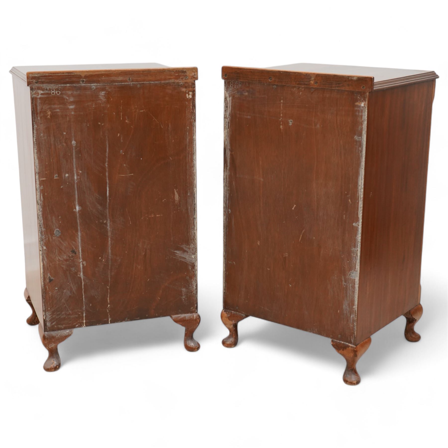 Pair of mid-20th century mahogany bedside cabinets, moulded top over single drawer and cupboard, on cabriole feet 