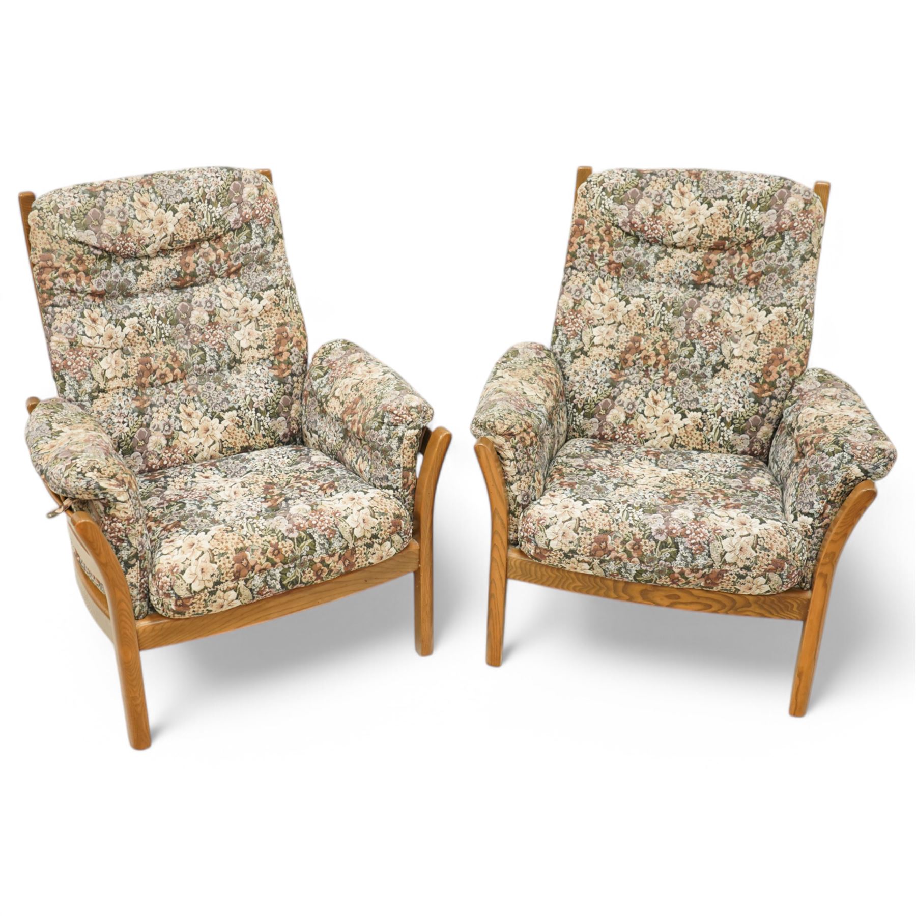 Lucian Ercolani for Ercol - pair of model '903' elm armchairs, with loose cushions upholstered in floral pattern fabric