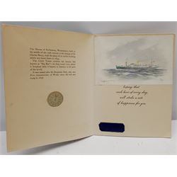 Frank Henry Mason (Staithes Group 1875-1965): 'Esperance Bay' - Steam Liner, crayon sketch signed with initials and titled 9cm x 14.5cm, attached inside a Tuck card depicting Big Ben
Provenance: from the estate of Christine Dexter and by descent from the artist's sister Eleanor Marie (Nellie)