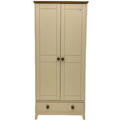 White and oak double wardrobe, with drawer