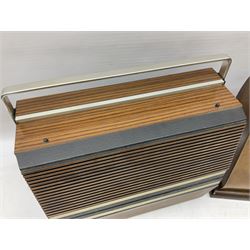 1950s Cossor Melody Maker model 501 UL valve radio, in marbled brown Bakelite case, 1970s ITT KB KP-820 record player, with two detachable speakers forming the lid, Richard Allan Type C810 speaker in walnut veneer case of curved form, H33cm, and another valve radio in black case (4)