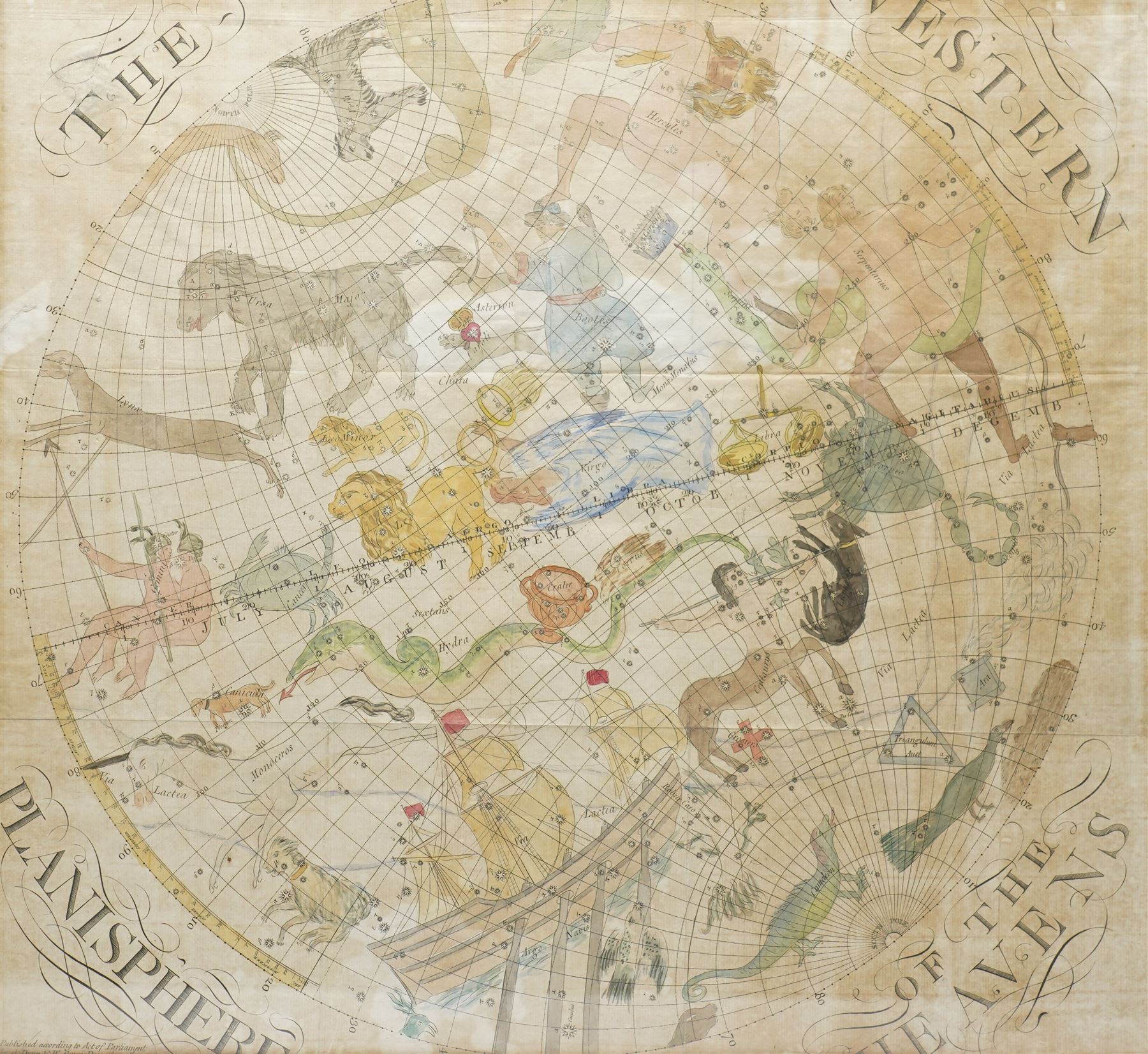Samuel Dunn (British 1723-1794): 'The Western Planisphere of the Heavens', 18th century engraved constellation map or chart with hand-colouring pub. W Owen c.1757, 53cm x 57cm