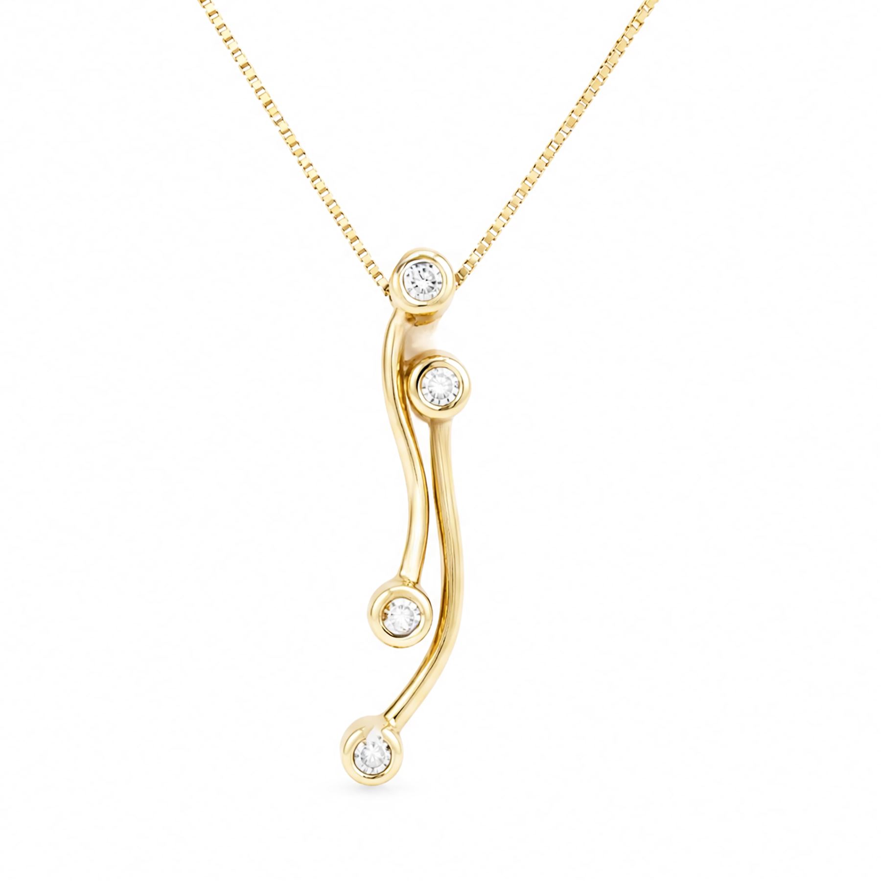 18ct gold pendant necklace, the pendant bezel set with four round brilliant cut diamonds, on a box link chain necklace, stamped 750, total diamond weight approx 0.15 carat
