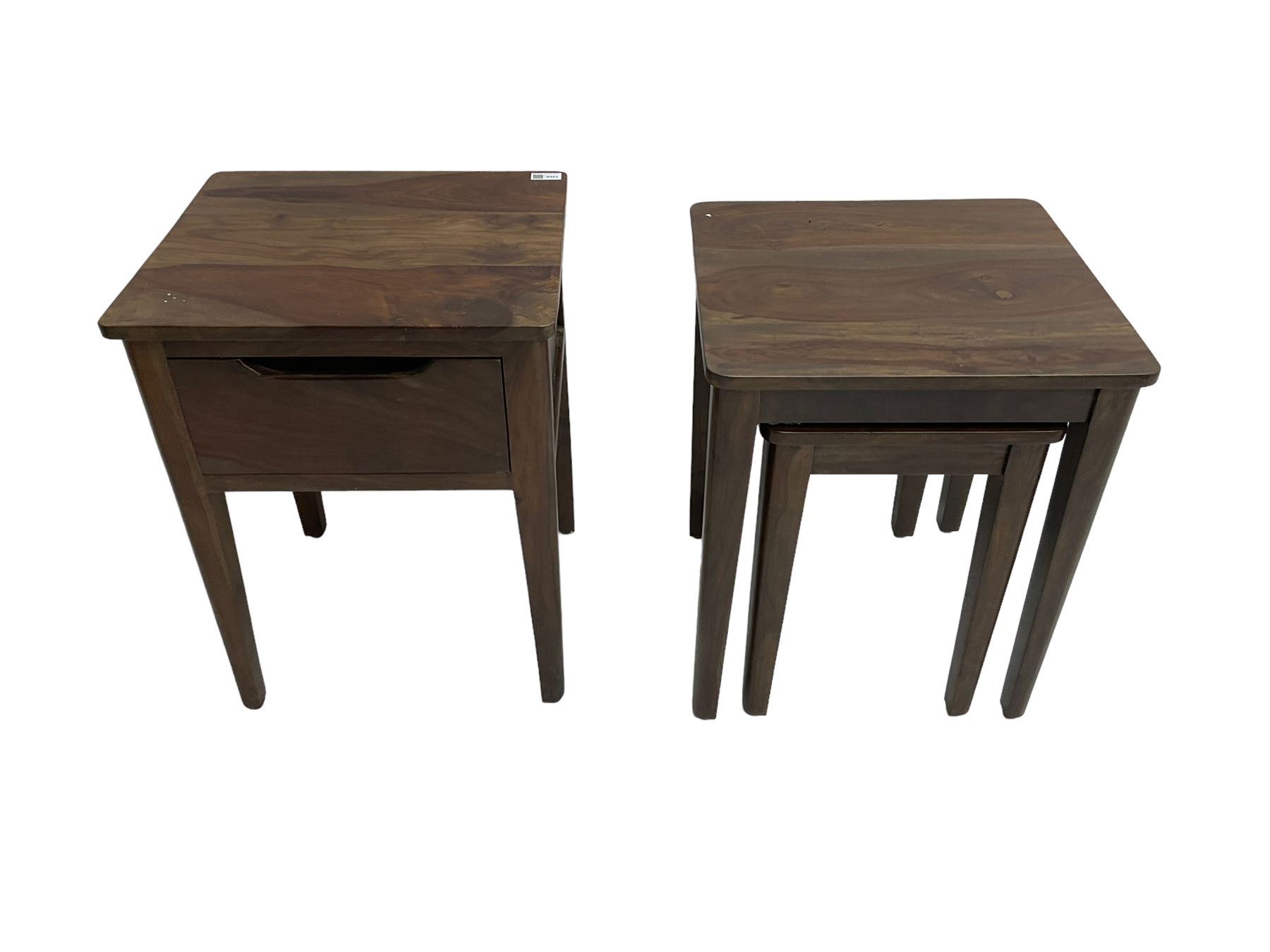 Hardwood side table, fitted with single drawer (W45cm D40cm H60); and matching nest of two tables (W46cm D43cm H55cm)