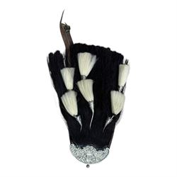 Set of mid 20th century bagpipes, with McLeod chanter, Royal Stuart cover, tassels, ribbons and spare accessories, contained within a wooden carry case, together with a Scarborough Highland Pipe Band uniform, comprising black highland dress jacket, Royal Stuart kilt, Glen Garry hat, Swinging Six sporren, Sgian Dubh knife, piper's dirk with knife and fork, etc