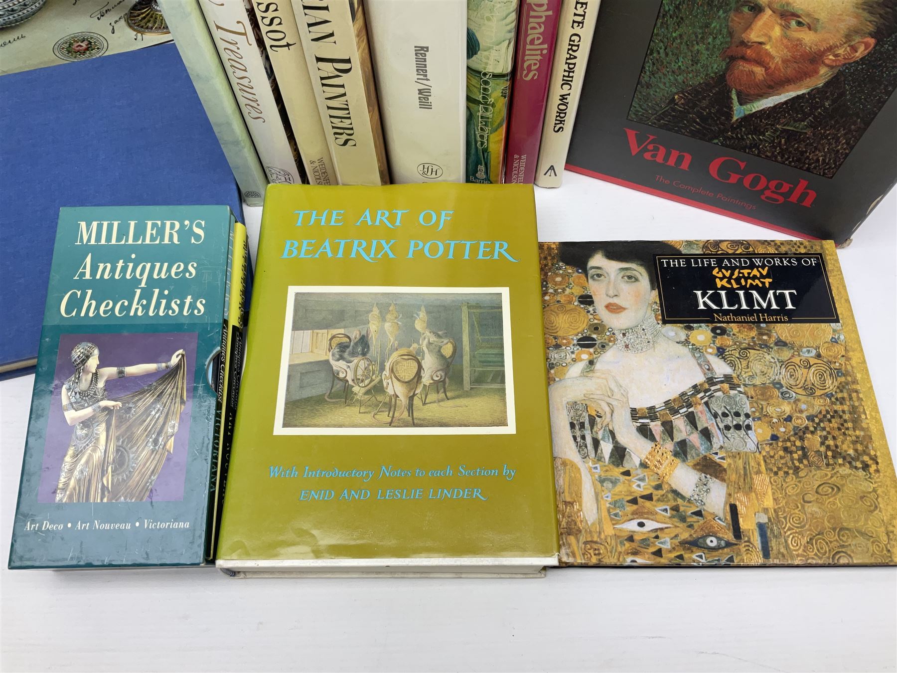Collection of antiques reference books, mainly art, including The Pre-Raphaelites, Burne & Jones, Van Gough, The Art of Beatrix Potter, Faberge, Princely Treasures etc