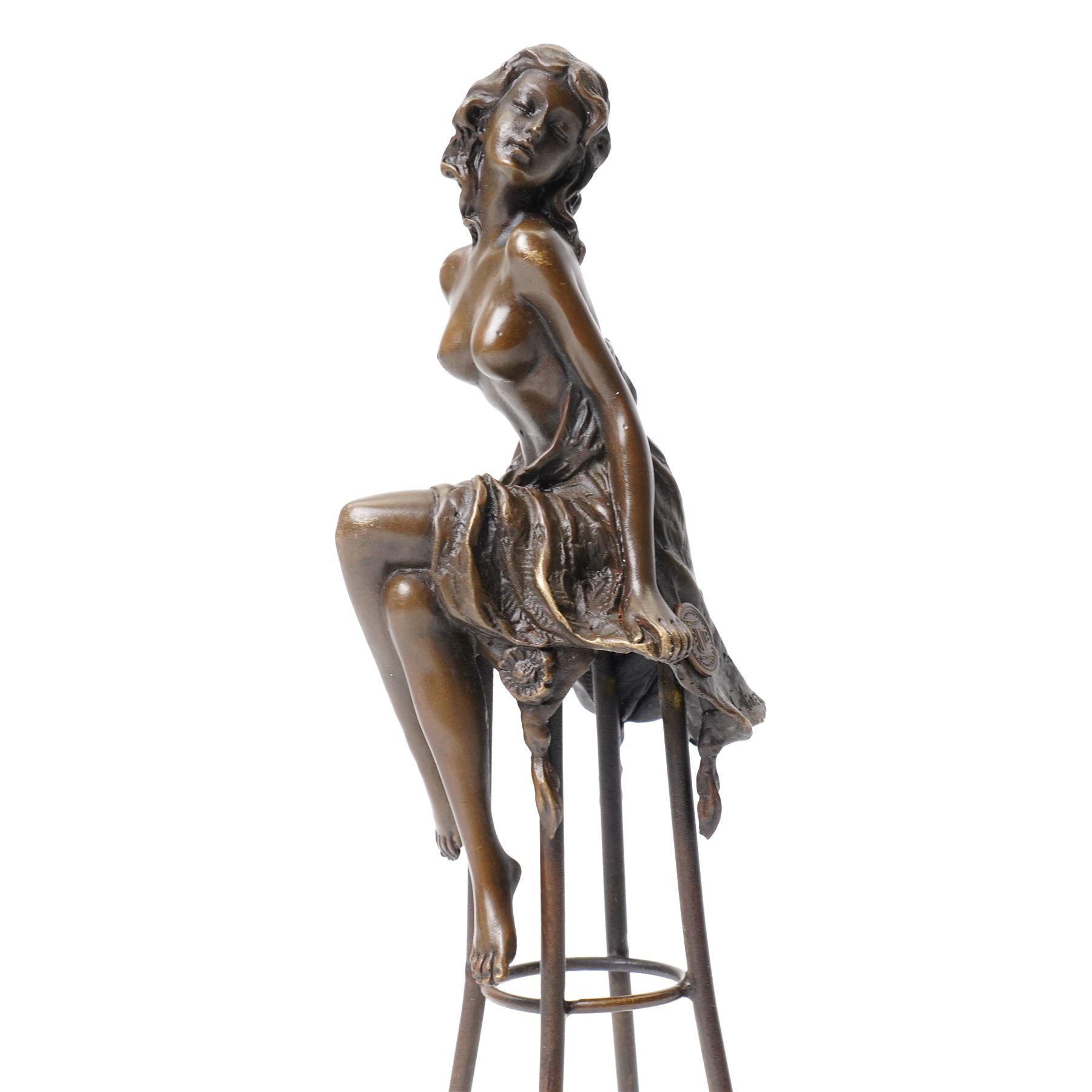 After Pierre Collinet - bronze modelled as a semi naked female figure, seated upon a chair, H27cm