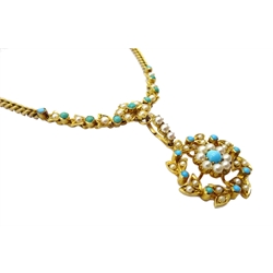 Edwardian 15ct gold turquoise and split pearl pendant necklace 