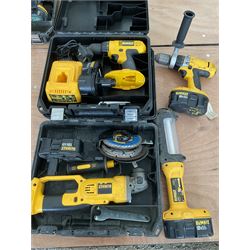 Two DeWalt drills,angle grinder, and light with batteries and attachments in two DeWalt cases  - THIS LOT IS TO BE COLLECTED BY APPOINTMENT FROM DUGGLEBY STORAGE, GREAT HILL, EASTFIELD, SCARBOROUGH, YO11 3TX