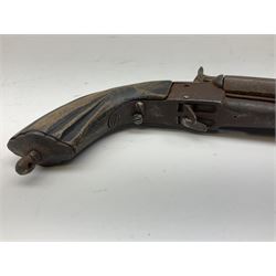 19th century Belgian 9mm side-by-side double barrel pin-fire pocket pistol with 11cm octagonal single block barrel, drop-down triggers and carved walnut stock L22.5cm overall