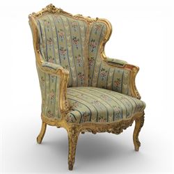 19th century French gilt armchair, green needlepoint foliate upholstery, with padded armre...