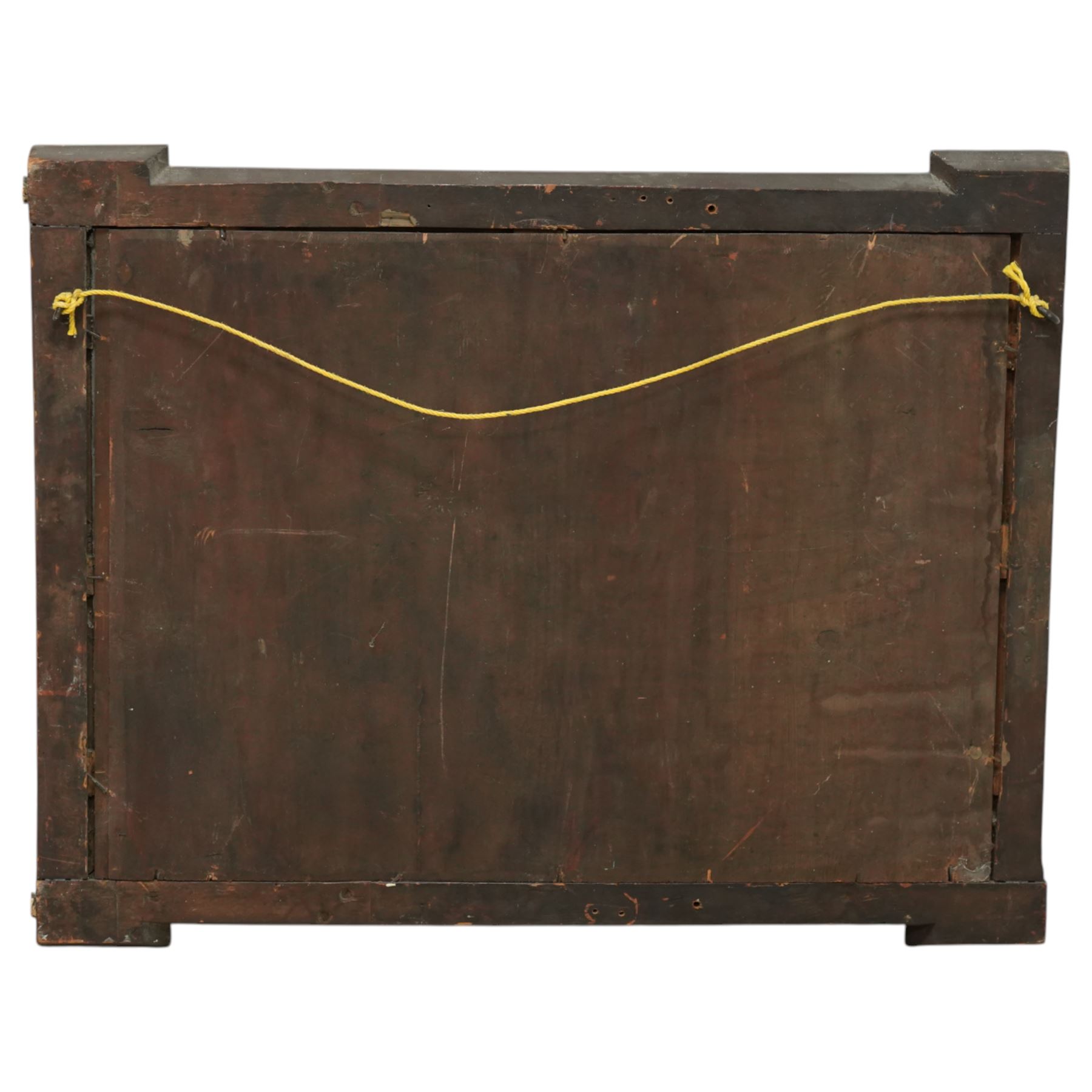 George I style mahogany and gesso architectural style wall mirror, with rectangular mirror plate bordered by gilt foliate moulded slip, within a shaped and crossbanded mahogany frame with stepped corner