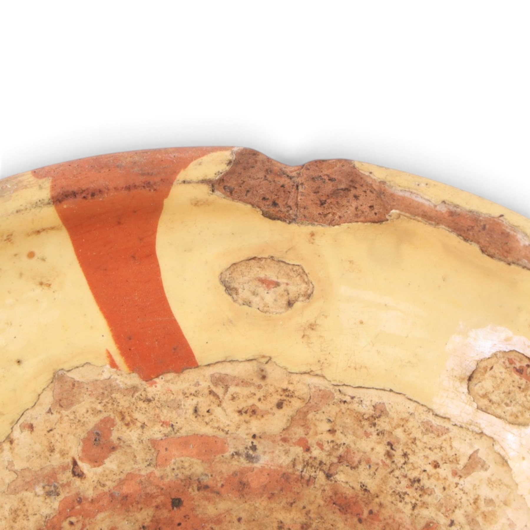 Spanish twin handled cooking pot, blackened to the outside, together with two bowls with slipware glaze, pot H22cm 