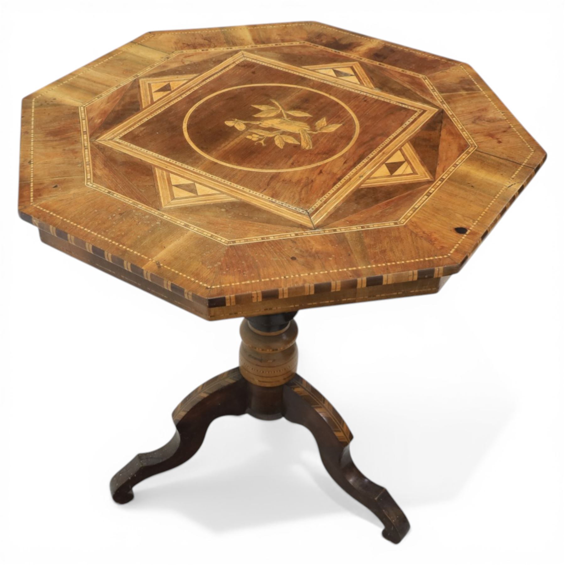 Mid-20th century Italian marquetry inlaid walnut centre table, octagonal top decorated with radiating panels and central foliate roundel, crossbanded borders with line inlay, raised on turned column and tripod base