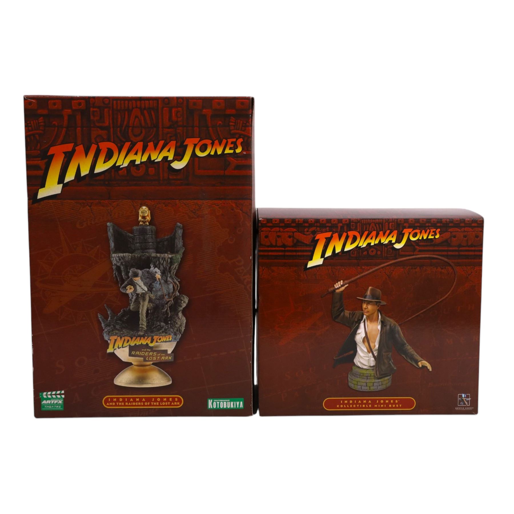 Kotobukiya Artfx Indiana Jones and the Raiders of the Lost Ark Snap Fit Artfx Theatre, together with a Gentle Giant Indiana Jones Collectible Mini Bust, both boxed