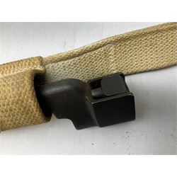 British Pattern 1876 socket bayonet with 43cm steel triangular blade L52cm overall; another socket bayonet with cruciform blade; No.4 Mk.II spike bayonet in metal scabbard with webbing frog; and 1955 Army jack knife by J.H. Thompson Sheffield (4)