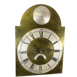 Timothy Richardson of Darlington-late 18th century 30hr longcase clock movement and dial c 1780, break arch brass dial with engraved spandrels, engraved dial centre and date aperture, silvered boss to the arch with makers name and place of work, with a silvered chapter, Roman numerals, five minute Arabic's, minute track and original steel hands, dial pinned directly to a chain driven movement with a recoil anchor escapement and outside countwheel strike, sounding the hours on a cast bell. With weight and pendulum. Dial 12