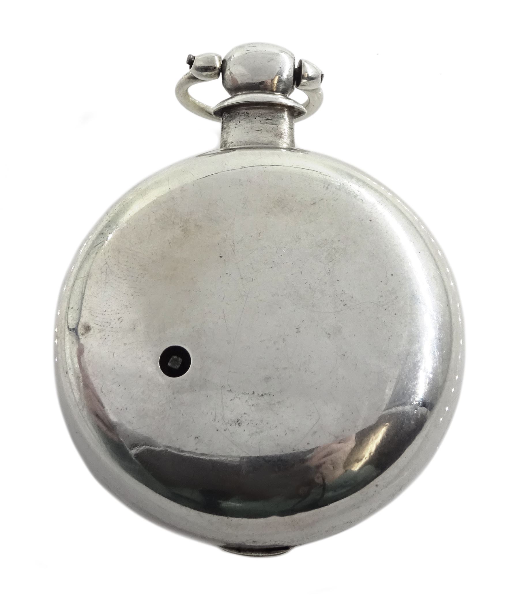 19th century silver pair cased verge fusee pocket watch by John Roberts, London, No. 9388, round pillars, pierced and engraved balance cock decorated with a mask, silver champleve dial depicting a nude female standing on a bridge amongst the stars, wandering hour dial with Arabic five minute markers and single hand, bull's eye glass, case by George Richards London 1832