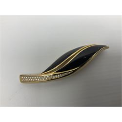 Christian Dior costume jewellery, comprising pair of pearlescent clip on earrings, enamel and paste leaf brooch and a pierced stylised leaf brooch, each stamped Chr.Dior Germany and in original boxes