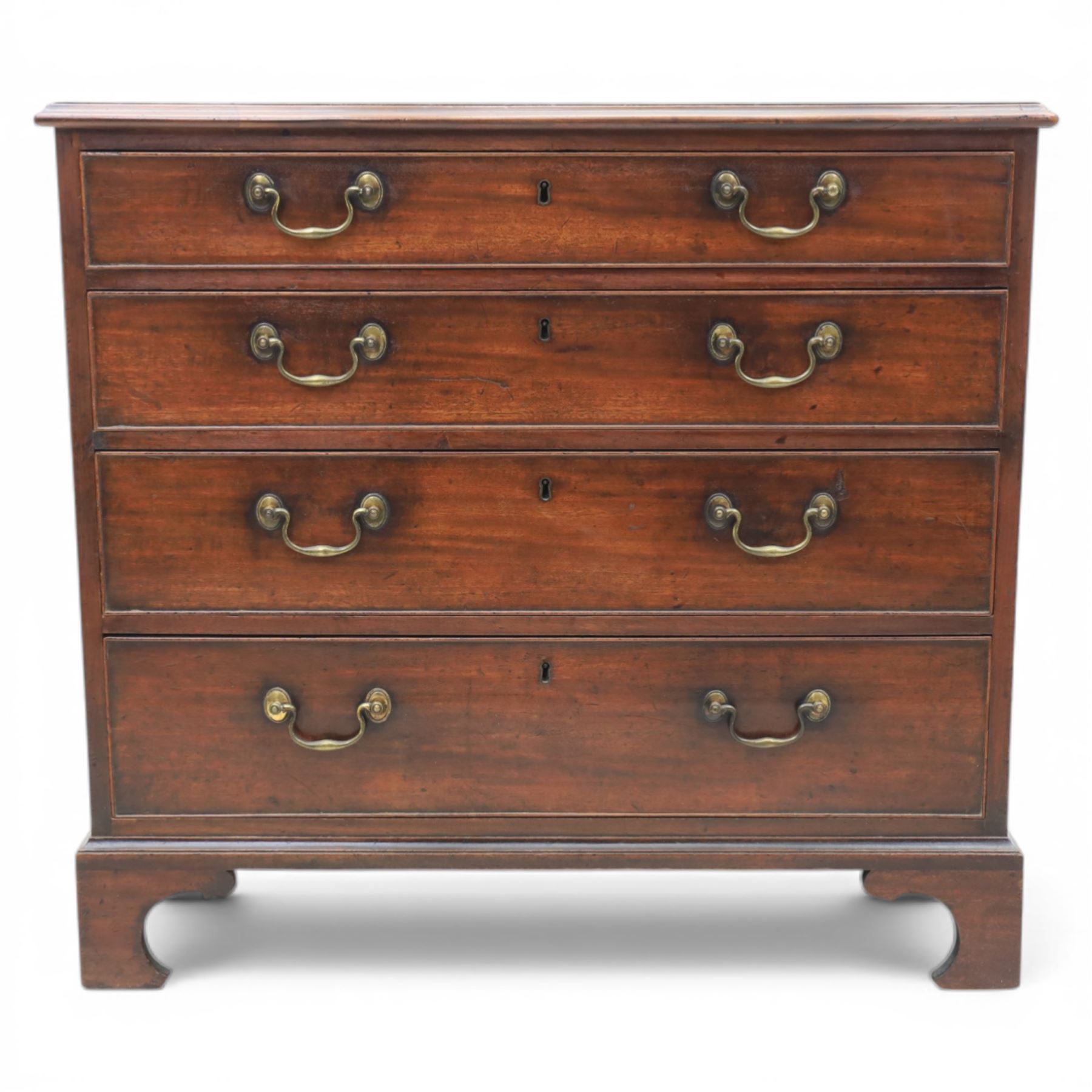 George III mahogany chest, fitted with four graduating drawers, rectangular flamed mahogany top with moulded edge, above four graduated drawers with brass swan neck handles, raised on bracket feet