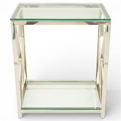 Pair of modern chrome lamp tables, rectangular plate glass top on polished chrome frame, the sides formed with X-frame stretchers, raised on square supports with lower glass tier 