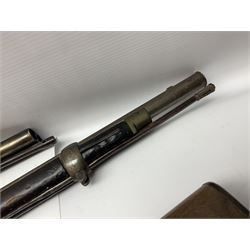 19th century Indian .577 Enfield muzzle loading rifle, proofed for 26-bore, the 98.5cm barrel with three barrel bands and later ram rod L140cm overall; 19th century Belgian side-by-side double barrel percussion shotgun, approximately 20-bore, with 74cm barrels and studded walnut stock, lock plate marked 'Liege 1868' and 'V. Gulikers-Maquinay' L117cm overall; and another side-by-side double barrel shotgun by Smythe with underlever opening (3)