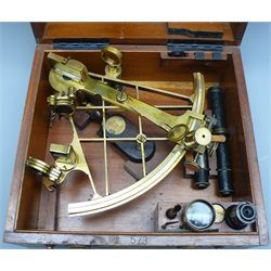  German brass Sextant, arc stamped T H Wegener Berlin No.2131 with graduated silvered arc, index & horizon mirrors with filters and wooden handle, marked Crown over  M573 in fitted wooden box, L24cm   