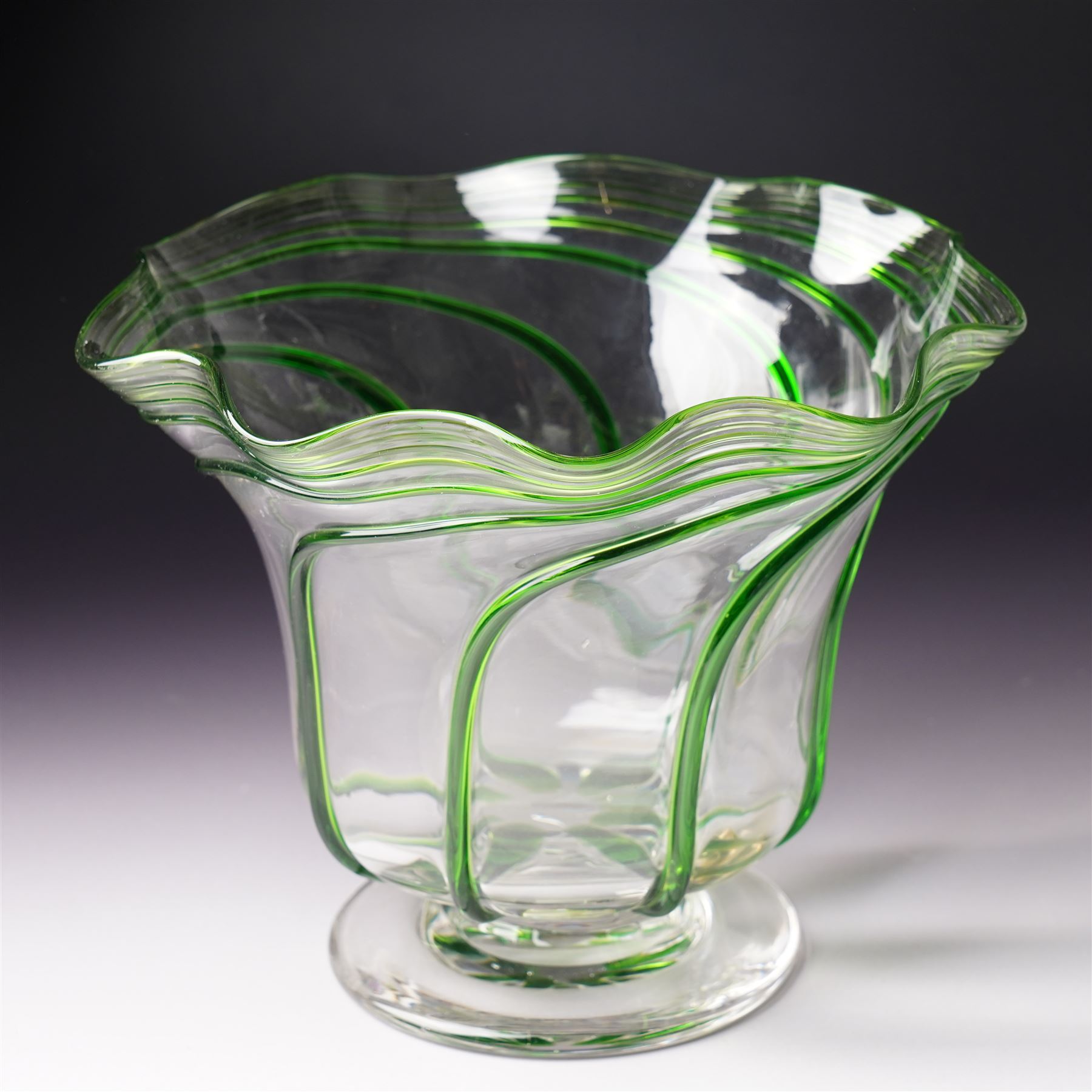 Three early 20th century glass vases, attributed to Stuart and Sons of Stourbridge, each with green glass art nouveau spiral decoration, largest H18cm (3)