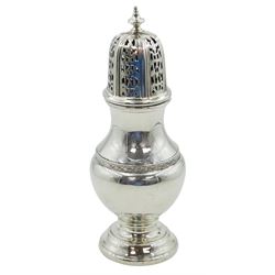 1930's silver sugar caster, of bellied form with scroll detailed band, and removable pierced domed cover with knop finial, upon a spreading circular foot, hallmarked S Blanckensee & Son Ltd, Chester 1935, H17cm, approximate weight 5.40 ozt (168 grams)