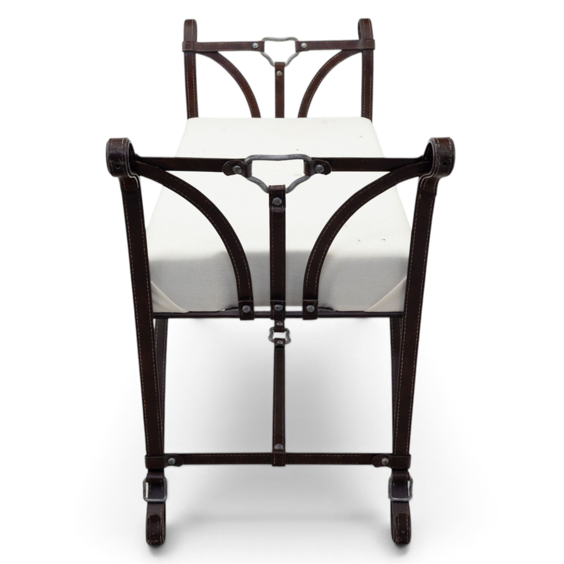 And So To Bed - 'Handel' wrought iron window seat, the rectangular upholstered seat enclosed by scrolling and arched ends with shaped uprights, on scrolling supports united by curved stretchers
