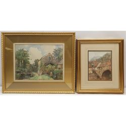 John R Lewis (British early 20th century): 'The Mill Stream Glen Conway', watercolour signed; W Thornburn (British early 20th century): Cottages with Bridge, watercolour signed, max 29cm x 39cm (2)