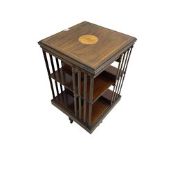 Maple & Co. London - Edwardian mahogany inlaid revolving bookcase, moulded square top with inlaid circular fan motif and satinwood banding, with circular label