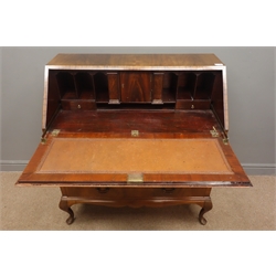  Early 20th century mahogany bureau, fall front enclosing fitted interior, two short and two long drawers, cabriole legs, W100cm, H103cm, D51cm  
