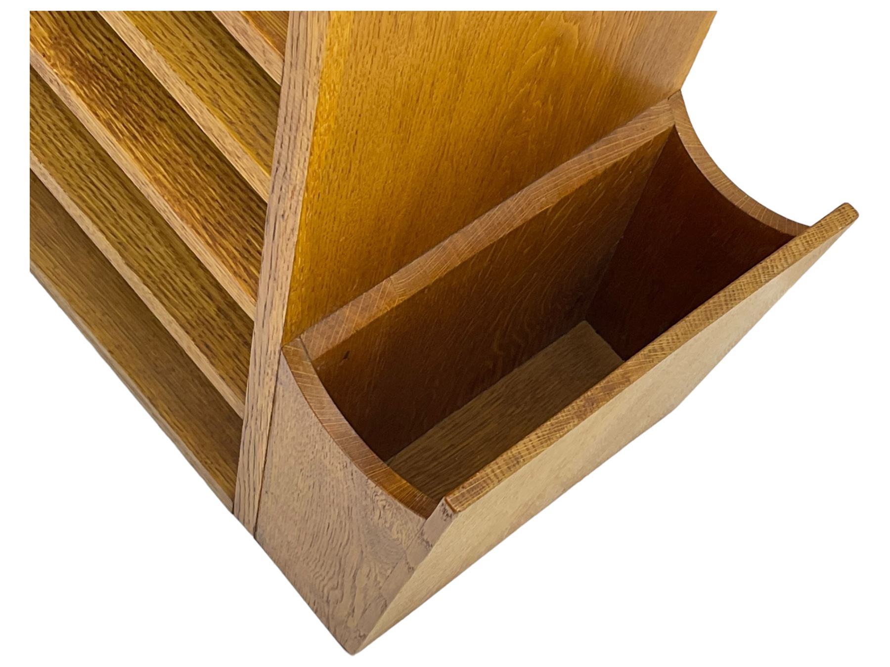 Craftsman made oak magazine table or HI-FI stand, moulded rectangular top over four shelves, flanked by two projecting holders