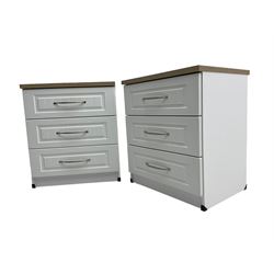 Pair of large oak and white finish three drawer bedside chests