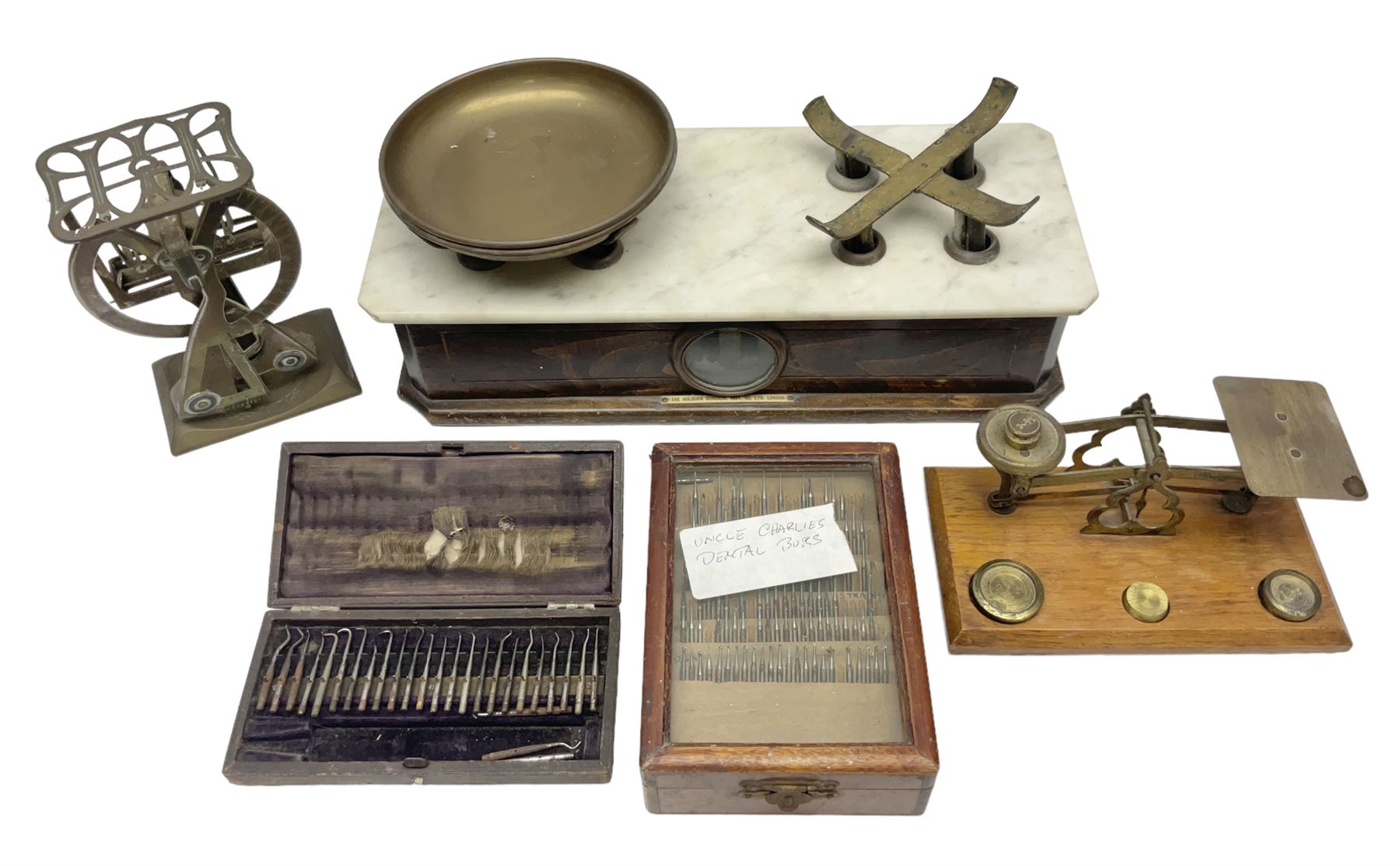 Set of Pharmaceutical scales, marked 'The Holborn Surgical Inst. co. Ltd London' together with two postal scales and to cased sets of dentist burs 