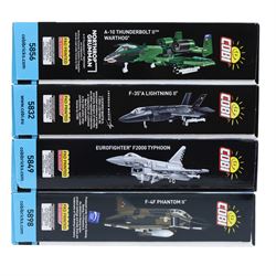 Four Cobi Bricks 1:48 scale Armed Forces sets, comprising no. 5856 A-10 Thunderbolt II Warthog, no. 5849 Eurofighter F2000 Typhoon, no. 5898 F-4F Phantom II and no.5832 F-35 A Lightning II, all in sealed boxes