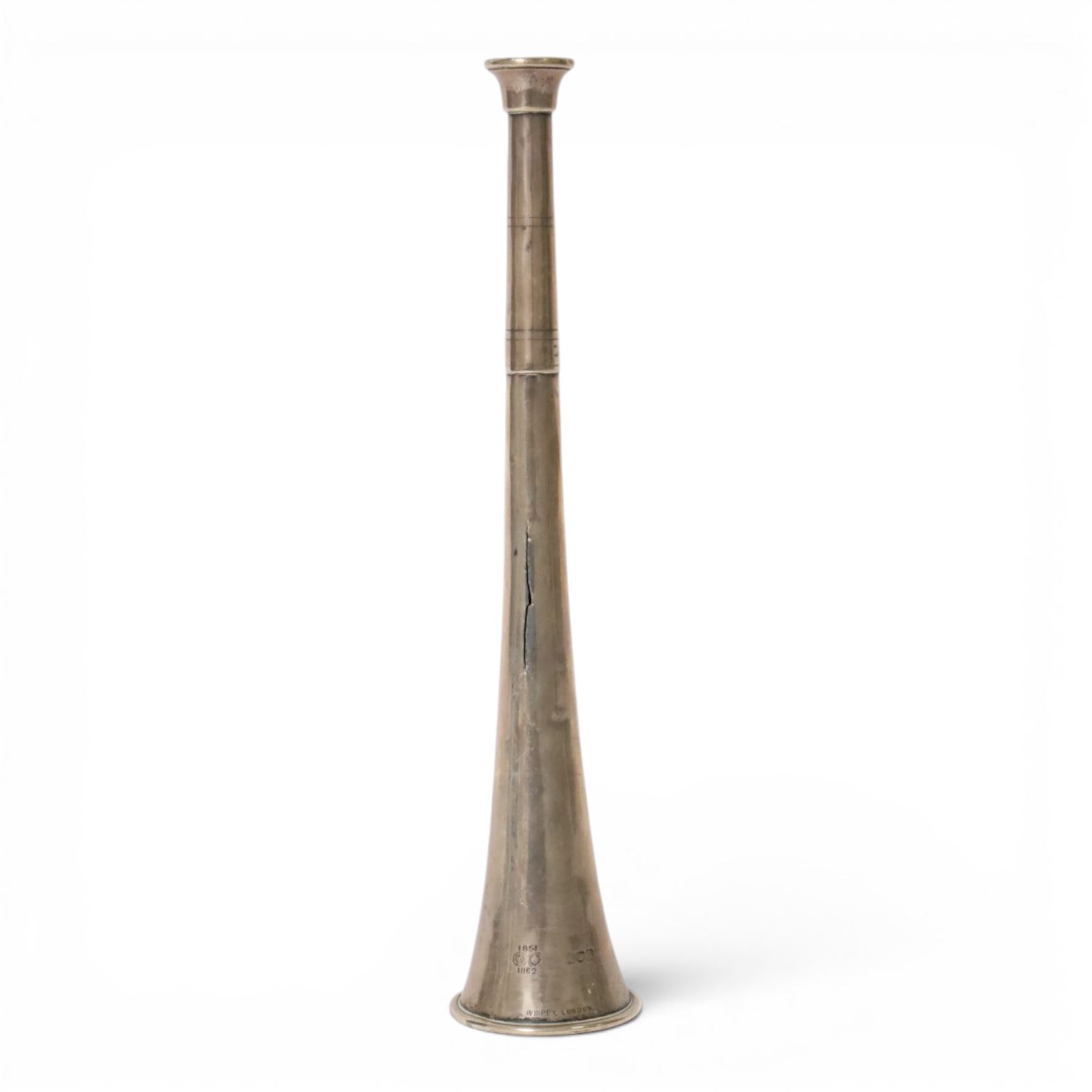 Early 20th century silver hunting horn, of typical form engraved 'South Oxfordshire Hounds W.H.B. from W. and C.F. Season 1905-6 43 Brace', marked Whippy London , hallmarked (worn and indistinct), L24cm