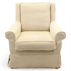 Wesley Barrel - two seater sofa and matching armchair,with scrolled arms and loose cushions, beige chenille fabric, raised on castors  (Armchair: H 100cm, D 100cm, W 87cm)