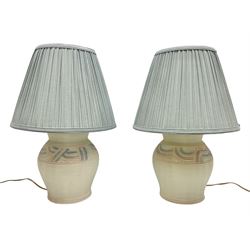 Pair of composite table lamps, decorated with abstract design on a white ground, with pleated lampshades, H48cm
