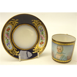  Mid 19th century Sevres 'Chateau Des Tuileries coffee can and saucer, the central panel painted with a portrait of du Chon cobalt blue ground, gilded borders & the saucer decorated with floral panels, printed and painted marks to base  