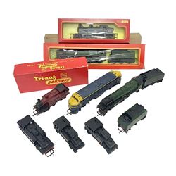  Hornby/Tri-Ang ‘00’ gauge - nine locomotives to include Britannia Class ‘Britannia’ 4-6-2 no.70000 in BR green; Class M7 4-4-0 Tank no.30027 in BR black; Princess Class ‘Princess Victoria’ 4-6-2 no.46205 in BR black; in original boxes; further loose models Princess Class ‘Princess Elizabeth’ 4-6-2 no.46201 in BR green; Class 3F 0-6-0 tank no.7606 in LMS crimson; TR double ended diesel locomotive; three further tank locomotives and one loose tender (10) 